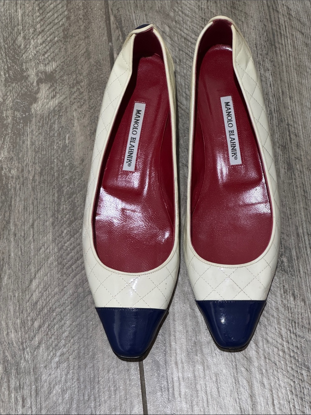 Manolo Blahnik Cream Quilted Flats with Navy Patent Cap Toe